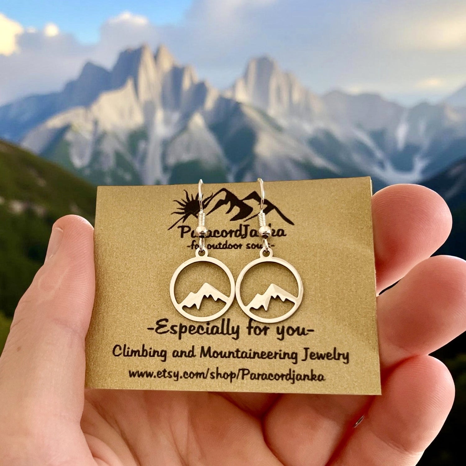 Mountain earrings inspired by hiking and climbing, handmade jewelry gift for outdoor and nature lovers.