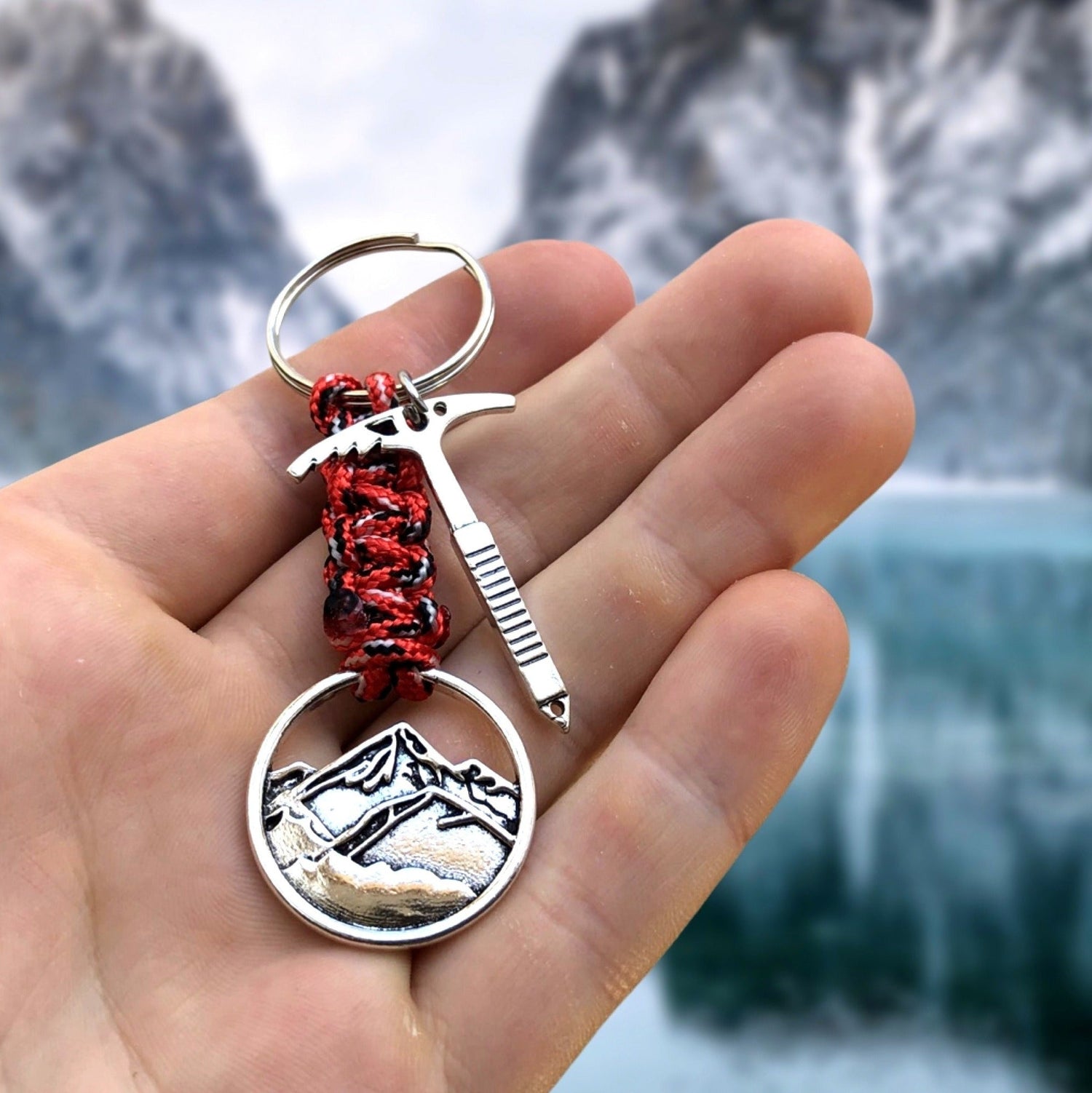 Mountain keychain with ice axe and mountain charm, handmade hiking accessory gift for climbers and outdoor lovers.