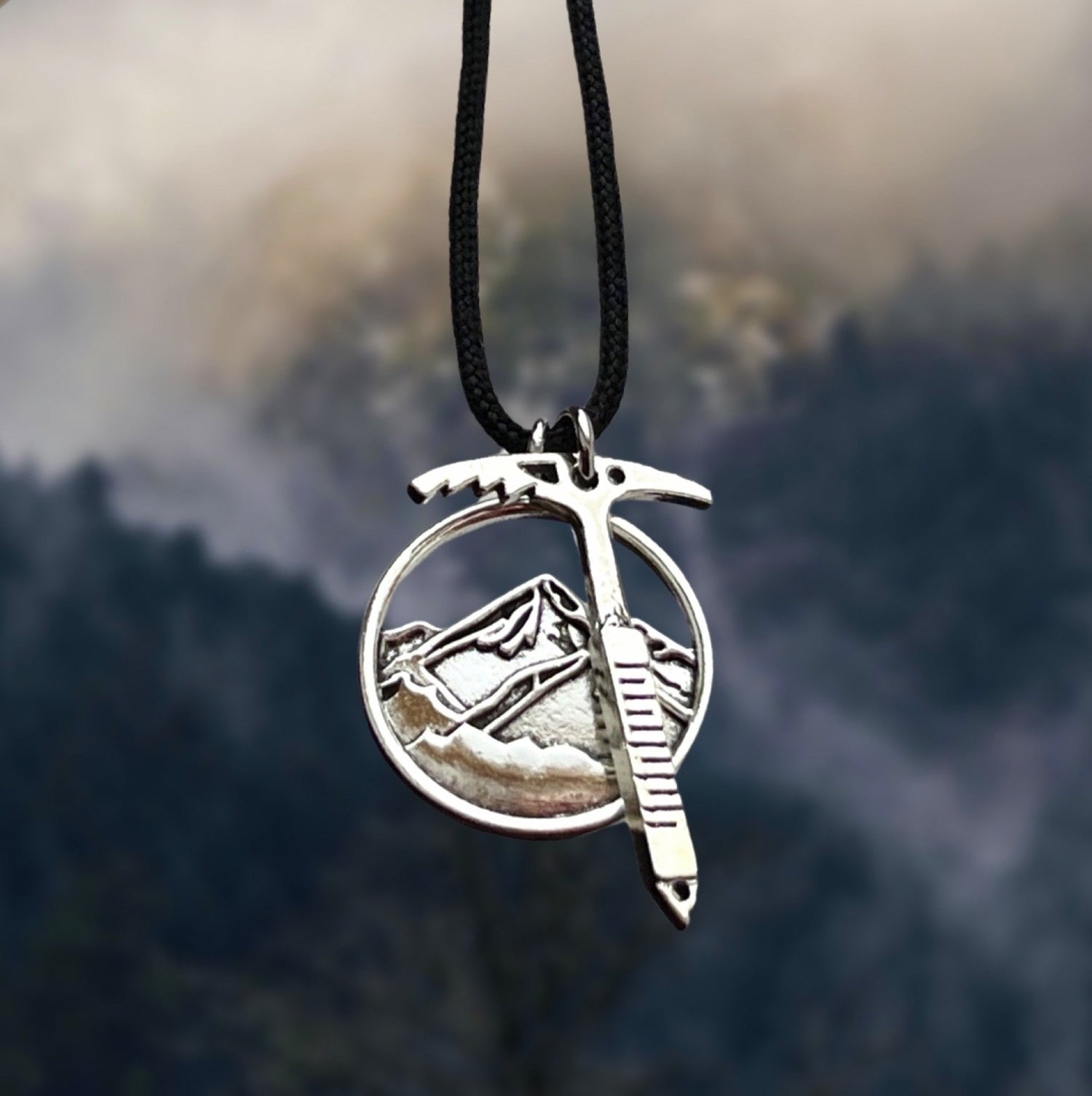 Handmade mountain necklace with ice axe pendant for climbers and hikers