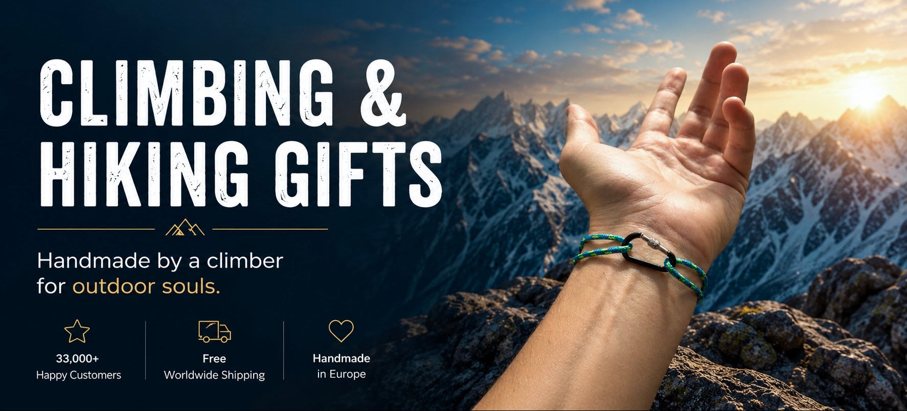 Hand with climbing gear against a mountainous landscape with text about climbing and hiking gifts.