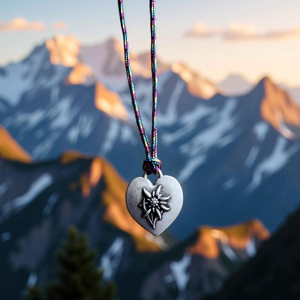Heart-shaped pendant necklace with star design against a mountain backdrop