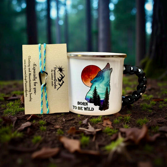 Mountain Wolf Camping Enamel Mug Gift with Bracelet