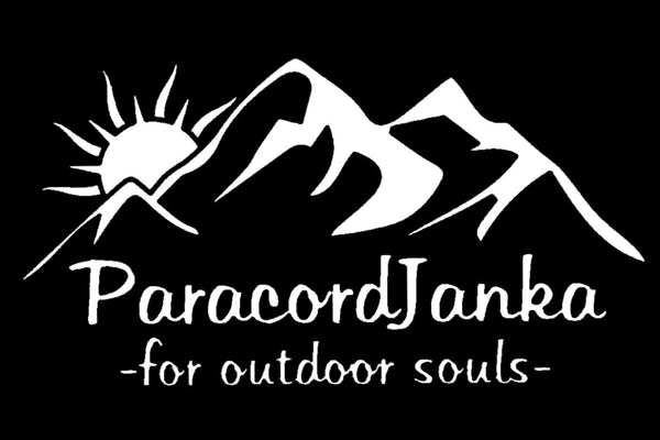White mountain and sun logo with 'ParacordJanka for outdoor souls' text on a black background