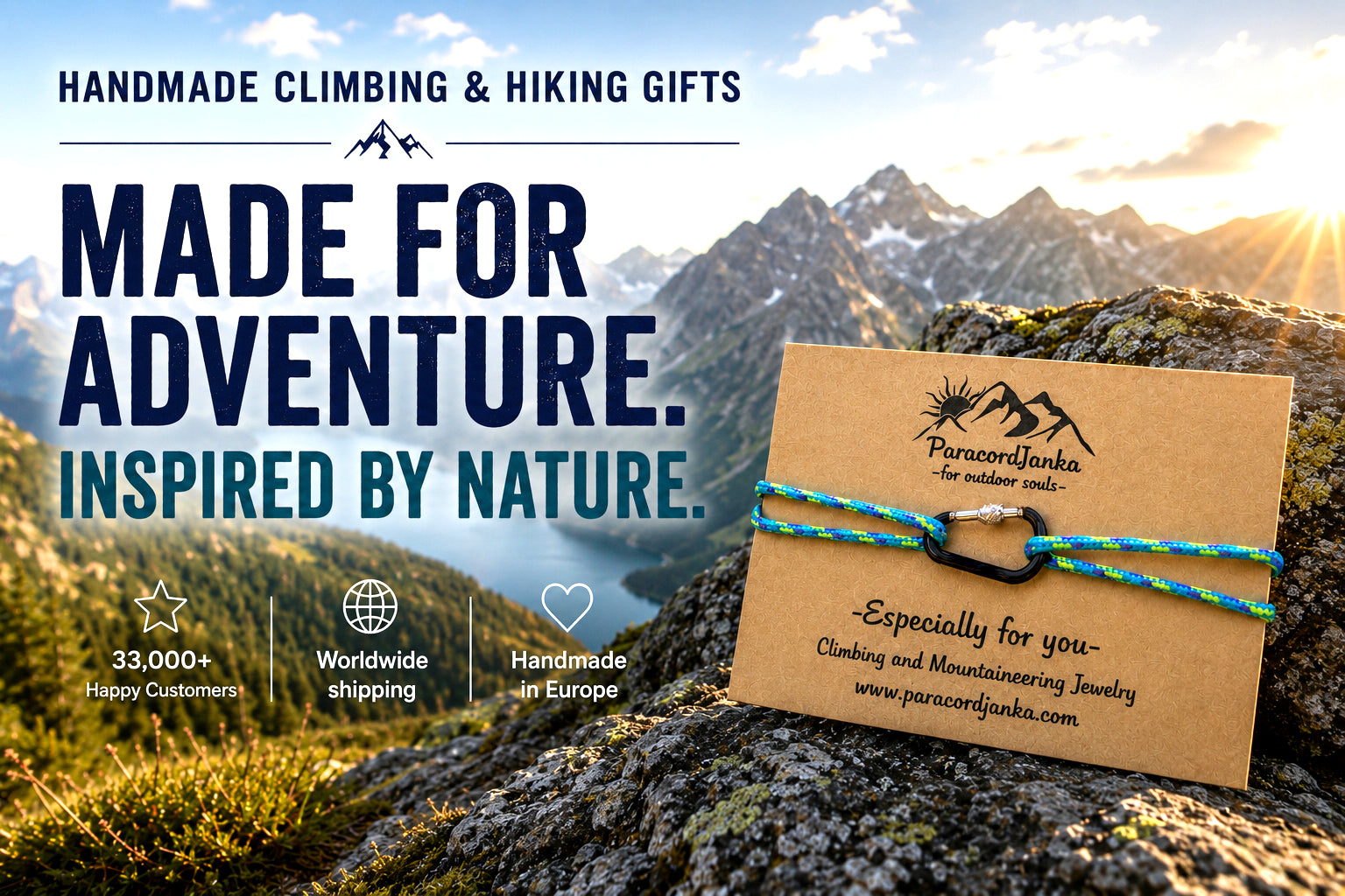 ParacordJunkie climbing bracelet on a mountain with promotional text about handmade gifts inspired by nature.