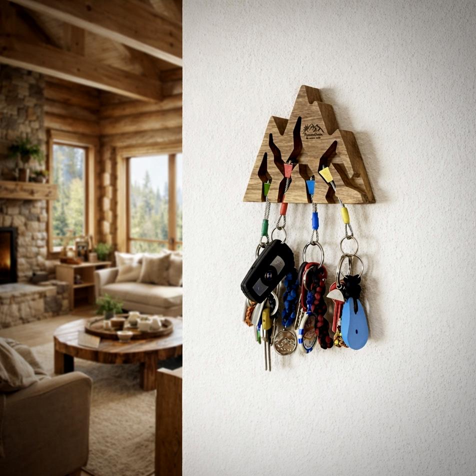 Wooden key holder with keys attached on a white wall, with a cozy living room in the background.