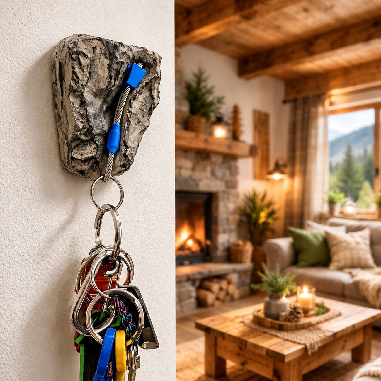 A split-screen view showing a wall-mounted rock-shaped key holder on the left and a cozy cabin living room on the right. The holder is attached to a white wall and holds a set of keys on metal rings.