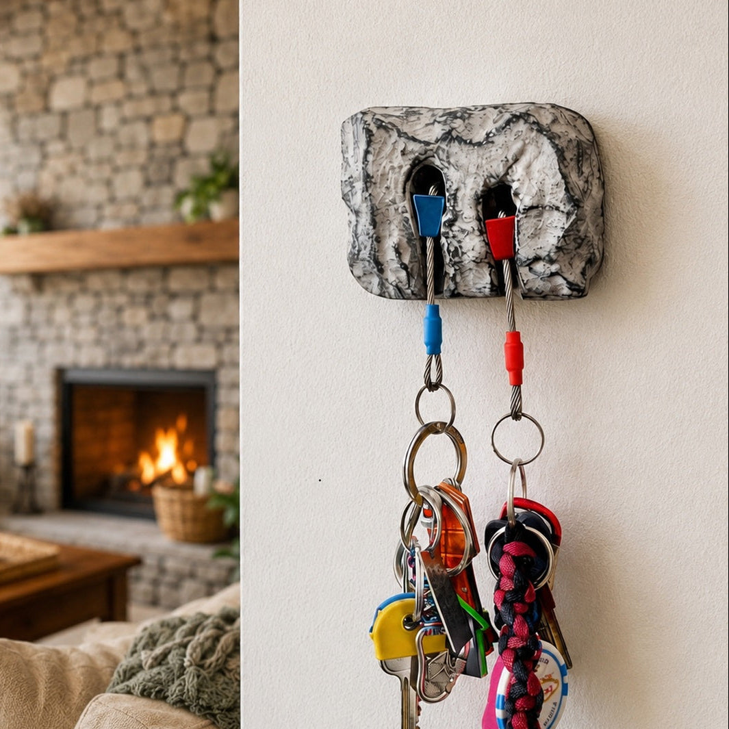 A wall-mounted key holder shaped like a gray stone slab with two key hooks holding colorful keychains, shown mounted on a white wall. The left side shows a cozy living room with a fireplace and sofa, providing context for the home decor product.