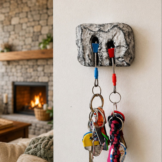 A wall-mounted key holder shaped like a gray stone slab with two key hooks holding colorful keychains, shown mounted on a white wall. The left side shows a cozy living room with a fireplace and sofa, providing context for the home decor product.
