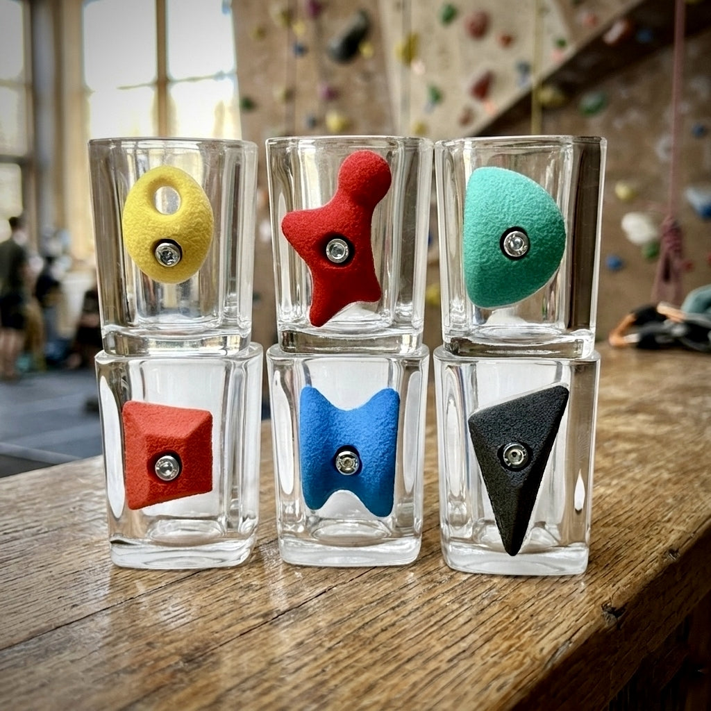 Handmade climbing shot glasses with colorful mini climbing holds
