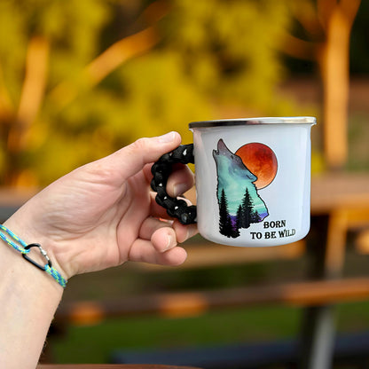 Mountain Wolf Camping Enamel Mug Gift with Bracelet