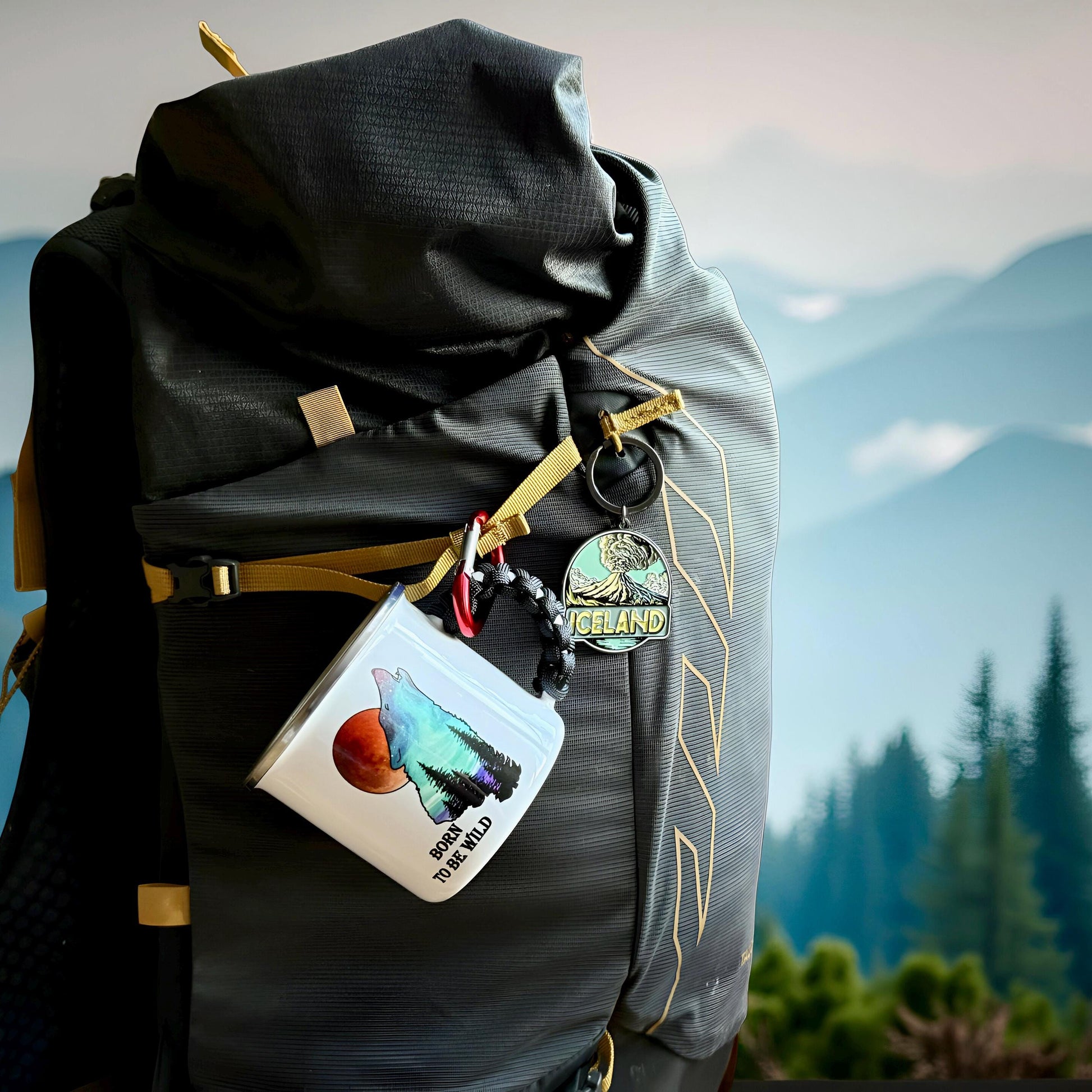 Mountain Wolf Camping Enamel Mug Gift with Bracelet