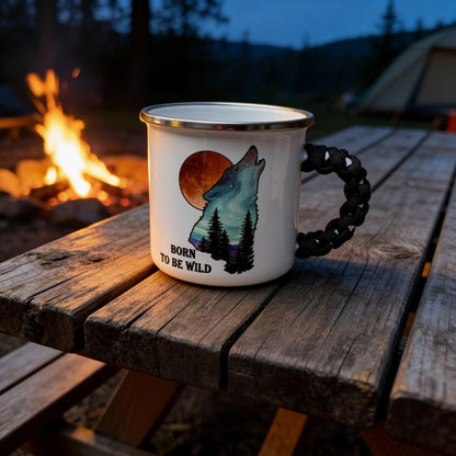 Mountain Wolf Camping Enamel Mug Gift with Bracelet