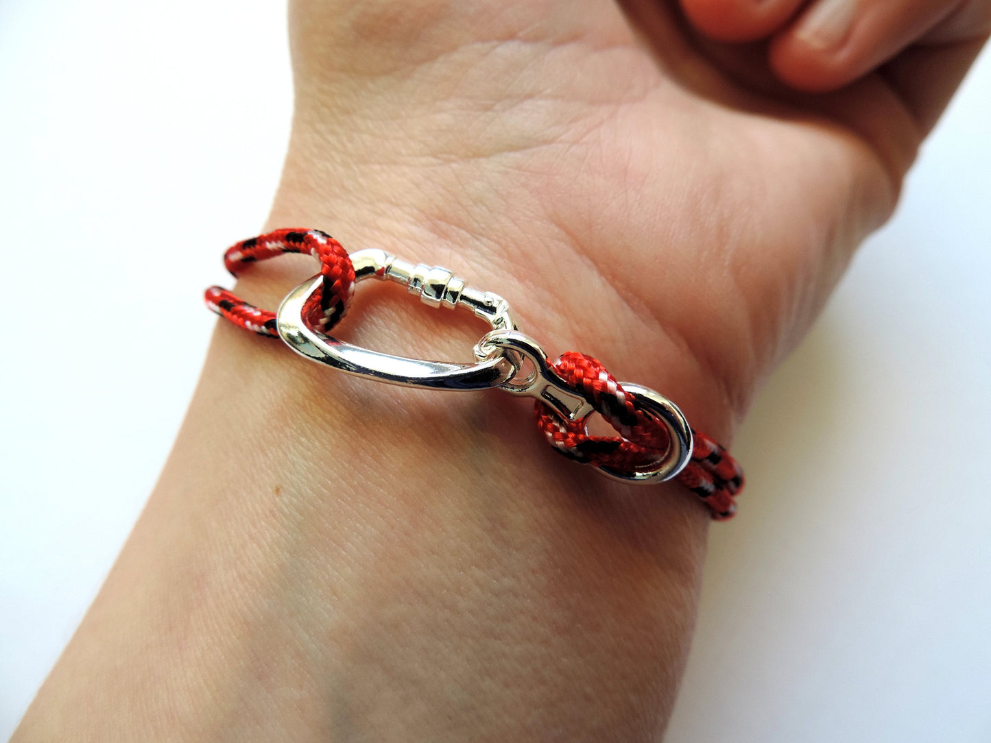 Red Climbing Bracelet Carabiner and Climbing 8, Gift for Climber, Climbing Jewelry